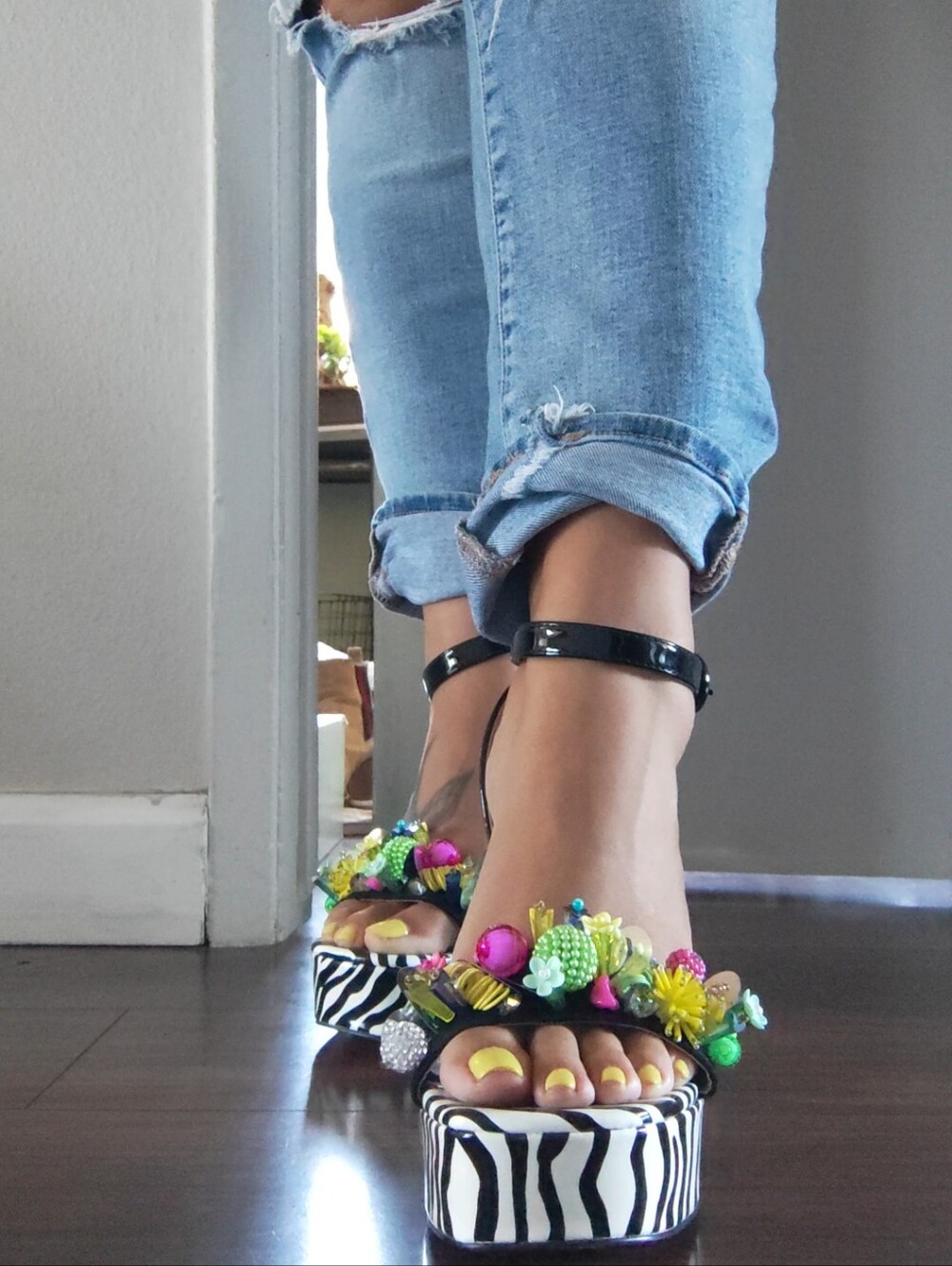 RARE BETsy Johnson Zebra Print Platform Sandals with Colorful 3D Embellishments - Picture 1 of 9